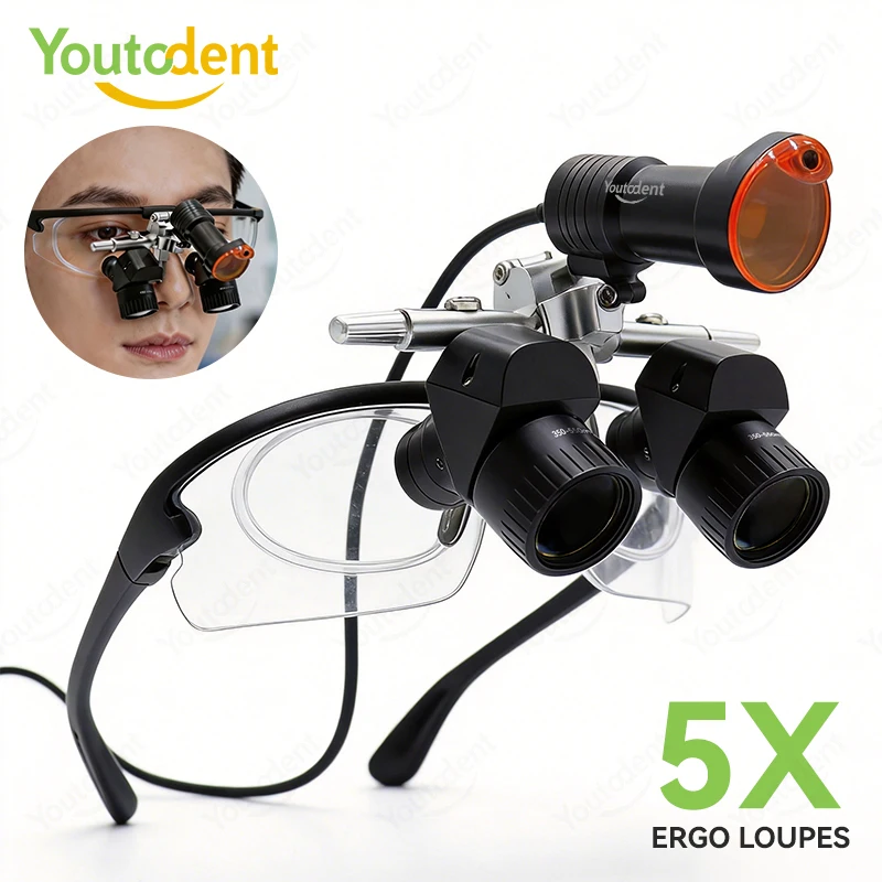5X Ergo Dental Loupes with Wired Type 5W LED Headlight Surgical Magnifying Glasses Adjustable Working distance 350mm-550mm