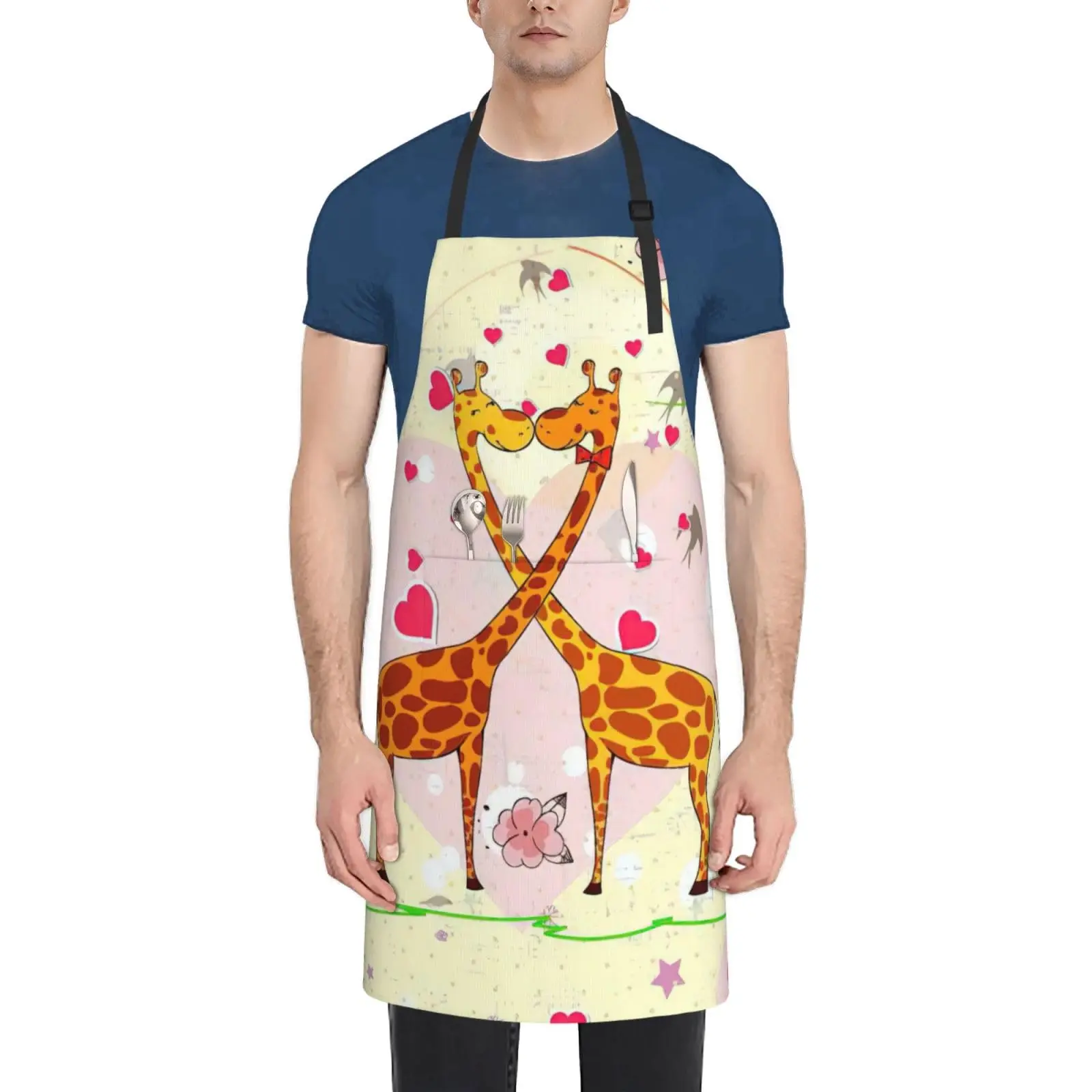 

Giraffe Heart Flower Butterfly Kitchen Chef Apron, Adjustable Waterproof Apron With 2 Pockets, Used For Barbecue And Cooking