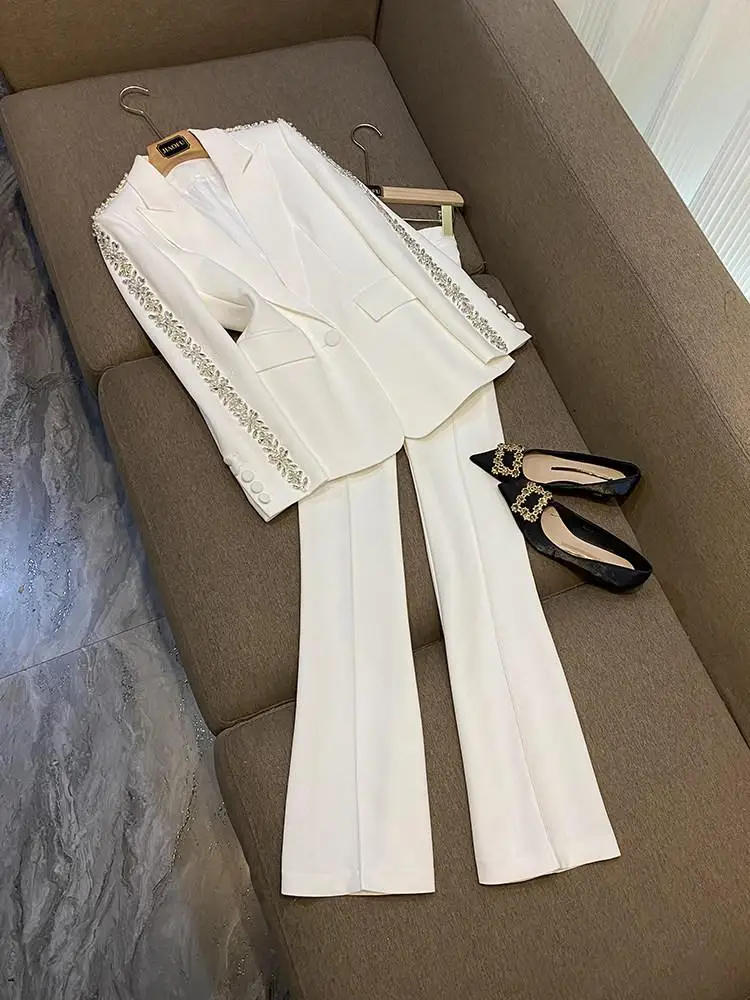 

High Quality Heavyweight Midi Suit Jacket Wide Leg Pants Fashionable Diamond Hot Two Piece Set 8866 Elegant Women's Ensemble
