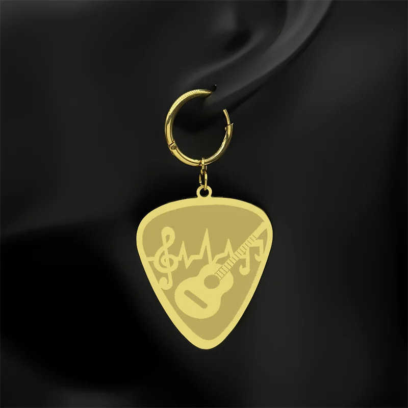 Hip Hop Guitar Pick Bass Note Hoop Earrings for Women Men Stainless Steel Gold Plated Music Lovers Pendant Necklaces Jewelry