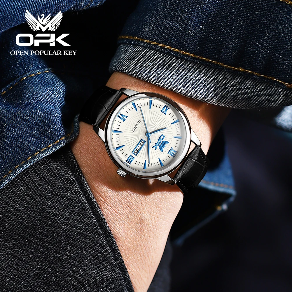 Opk 6014นาฬิกาควอทซ์ผู้ชายใหม่นาฬิกาแฟชั่นสองปฏิทินกันน้ำของแท้สายนาฬิกาหนังหรูหรานาฬิกาข้อมือสำหรับผู้ชาย