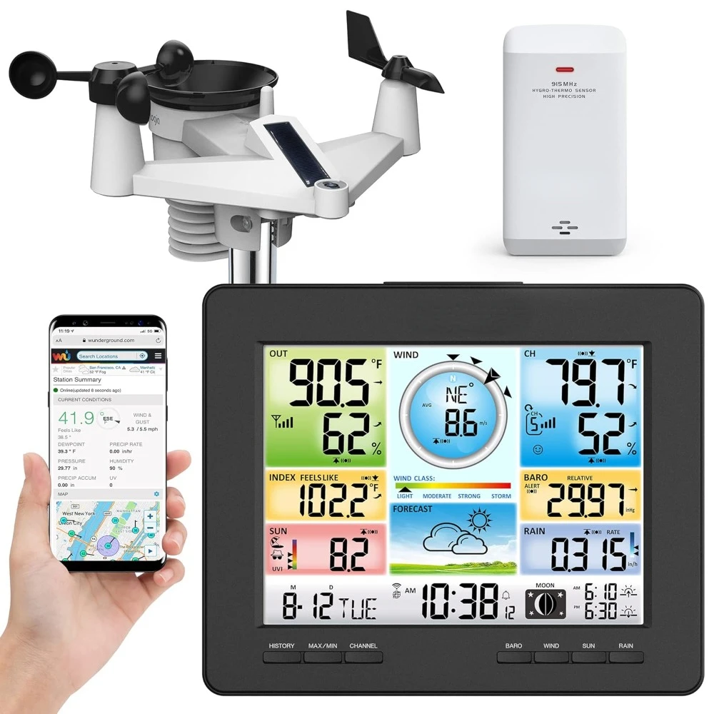 

7-in-1 Wi-Fi Weather Station with Solar | Indoor/Outdoor Remote Monitoring System, Temperature Humidity Wind Speed/Direction