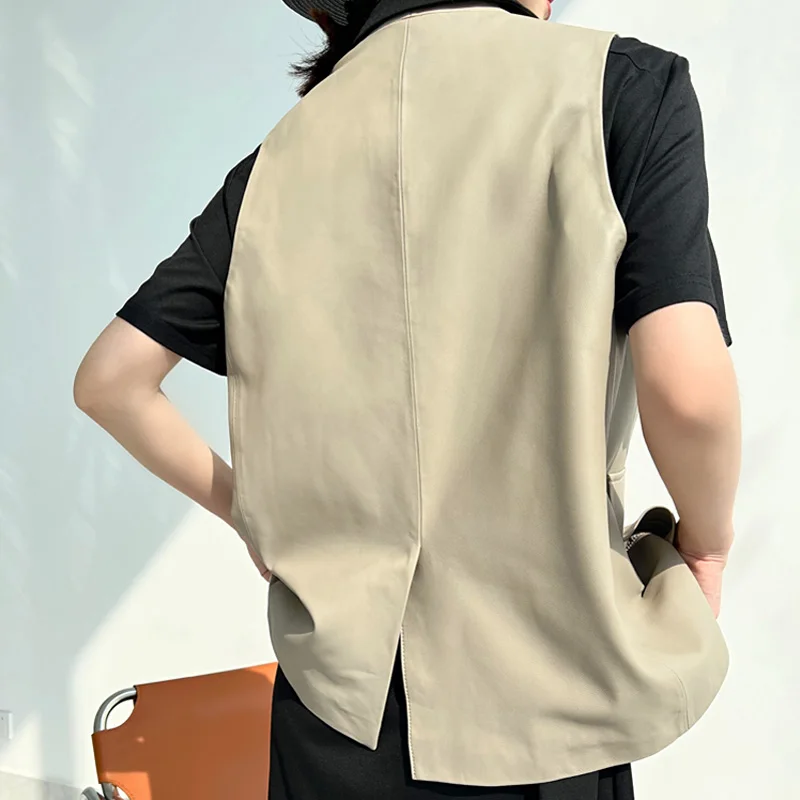 Recommend Women Leather Vest Female Elegant Magnetic Buckle Deep V-neck White Off Coletes Mujer Slit Loose Waistcoat Streetwear