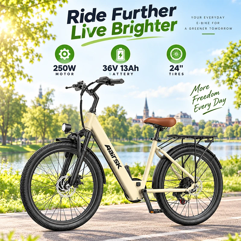 Bicicletta elettrica da città per adulti, motore da 250 W, batteria da 36 V e 13 Ah, ideale per le escursioni in campagna, con pneumatici da 24 pollici e sedile posteriore, perfetta per i viaggi.