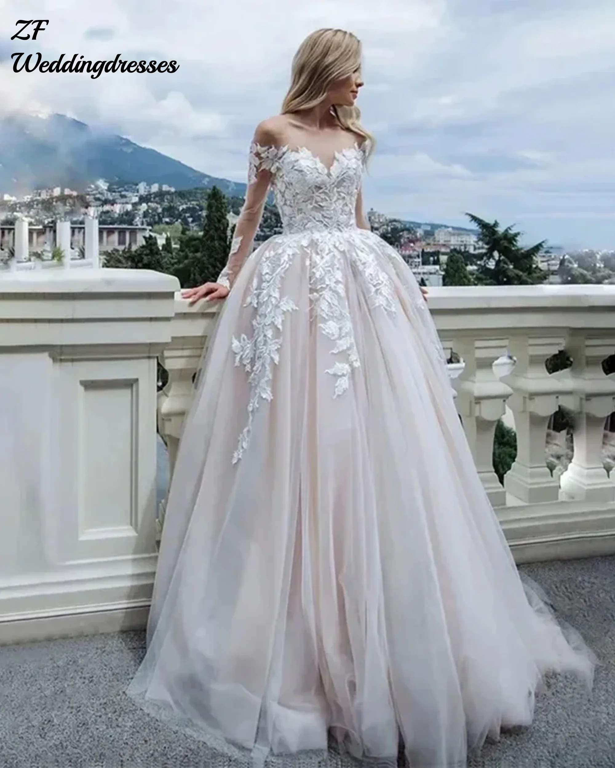Customized Elegant O-Neck A Line Wedding Dress Long Sleeve Lace Sexy Tulle Bridal Gown Floor Length Marriage Dresses