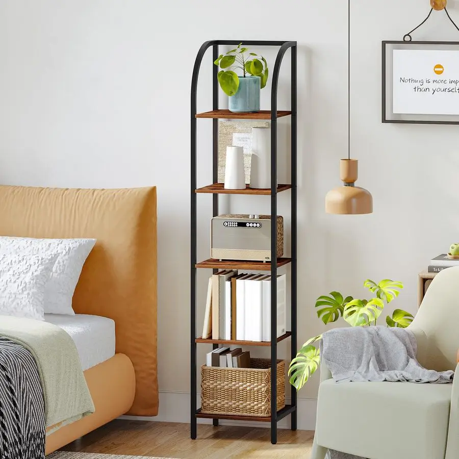 

Bookshelf Bookcase Narrow Bookcase Shelf Organizer with Steel Frame for Study Living Room Bedroom Kitchen Home Office Industria