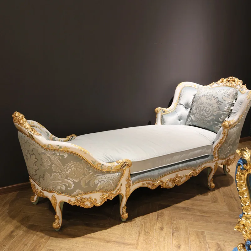 European French court style luxury romantic solid wood with gold leaf carving fabric painted silver gray toffee chair