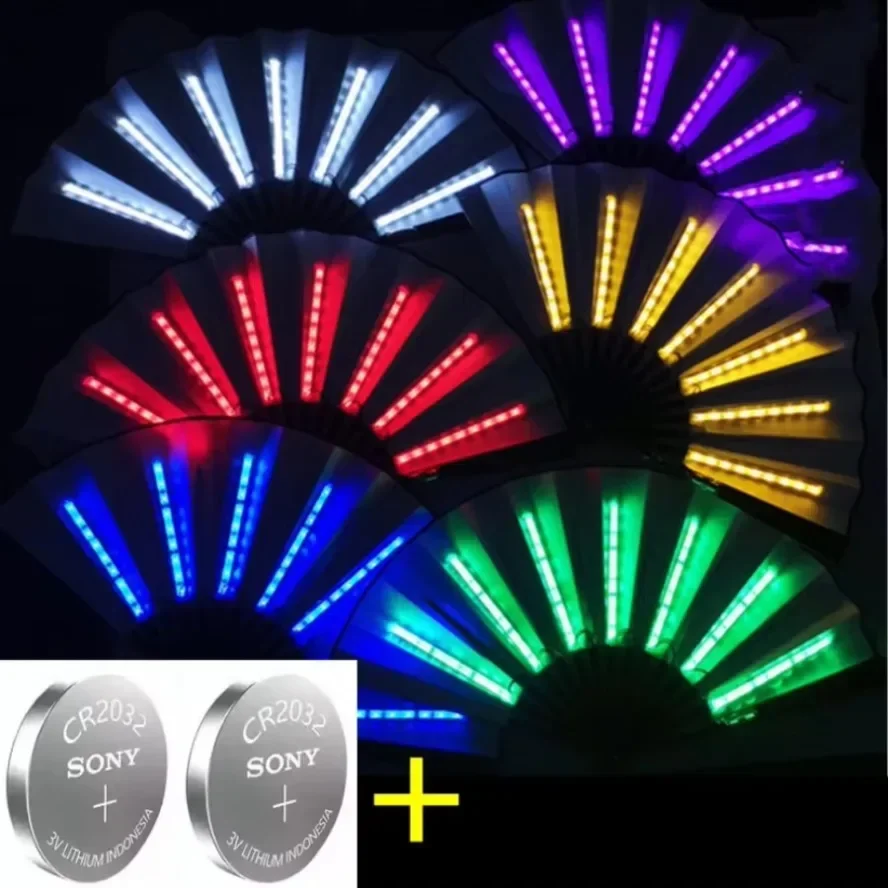 Led Light Glowing Fluorescent Fan with Battery Foldable Hand Fan for Night Performance Dance  Dj Bar Club Party Decoratio