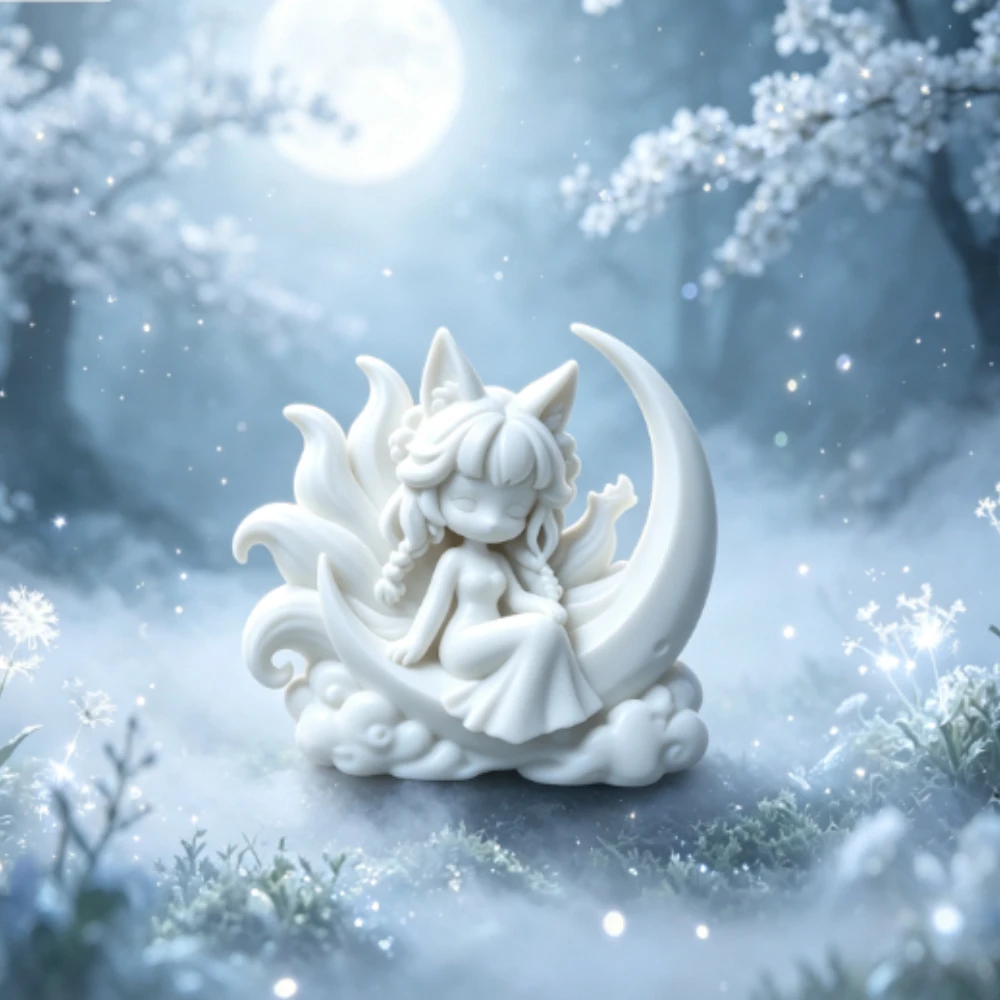 Nine Tails Fox Moon Fairy Figurines 3D Print Statues Oriental Myth Puppet Sculpture Desktop Ornaments DIY Hand Paint Decor Gifts