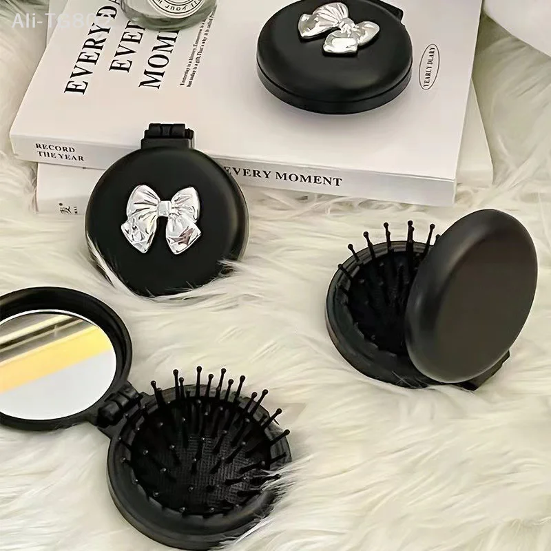 

Cute Portable Folding Massage Comb with Makeup Mirror Travel Hair Brush Airbag Bow Tie Air Cushion for Grooming