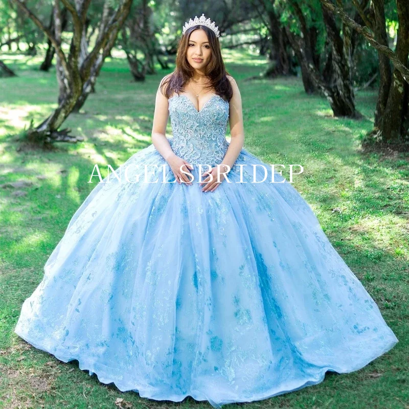 

Angelsbridep Sky Blue Sexy Ball Gown Quinceanera Dresses Vestidos De 15 Años Applique Formal Princess Birthday Party Gowns 2024