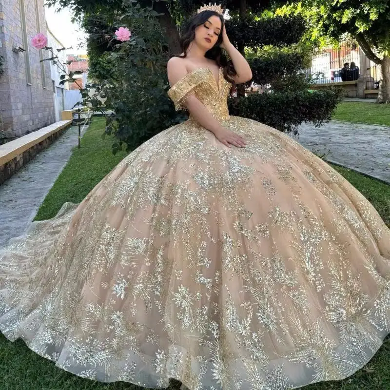 

Champagne Shiny Ball Gown Quinceanera Dresses Sequin Gold Appliques Lace Beads Crystal Tull Vestidos 15 De XV Años Sweet 16