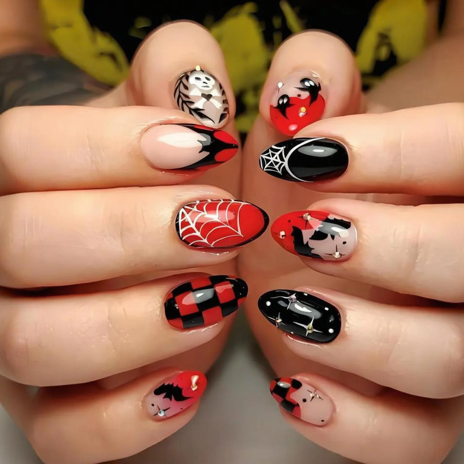 

24Pcs Halloween Fake Nails French Tips Spider Bat Skull Ghost Plaid Star Designs Press-On Nail Tips Perfect Gifts for Girls