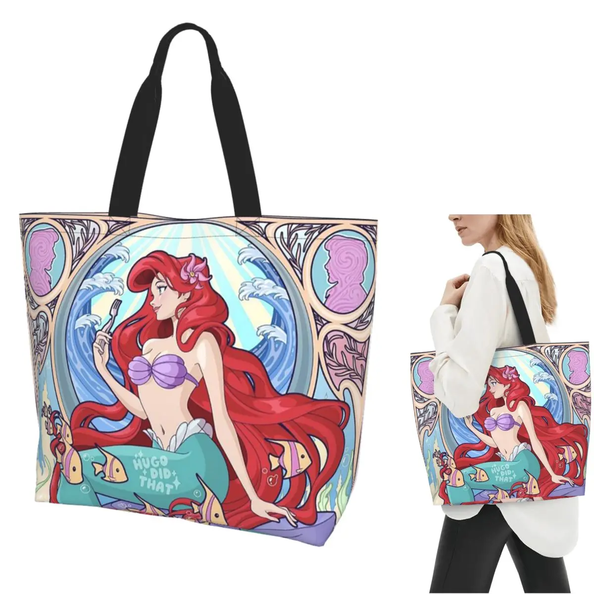 

Сумка-тоут для покупок с рисунком Русалочки, парусиновая сумка на плечо большой вместимости, продуктовая сумка для покупок для женщин