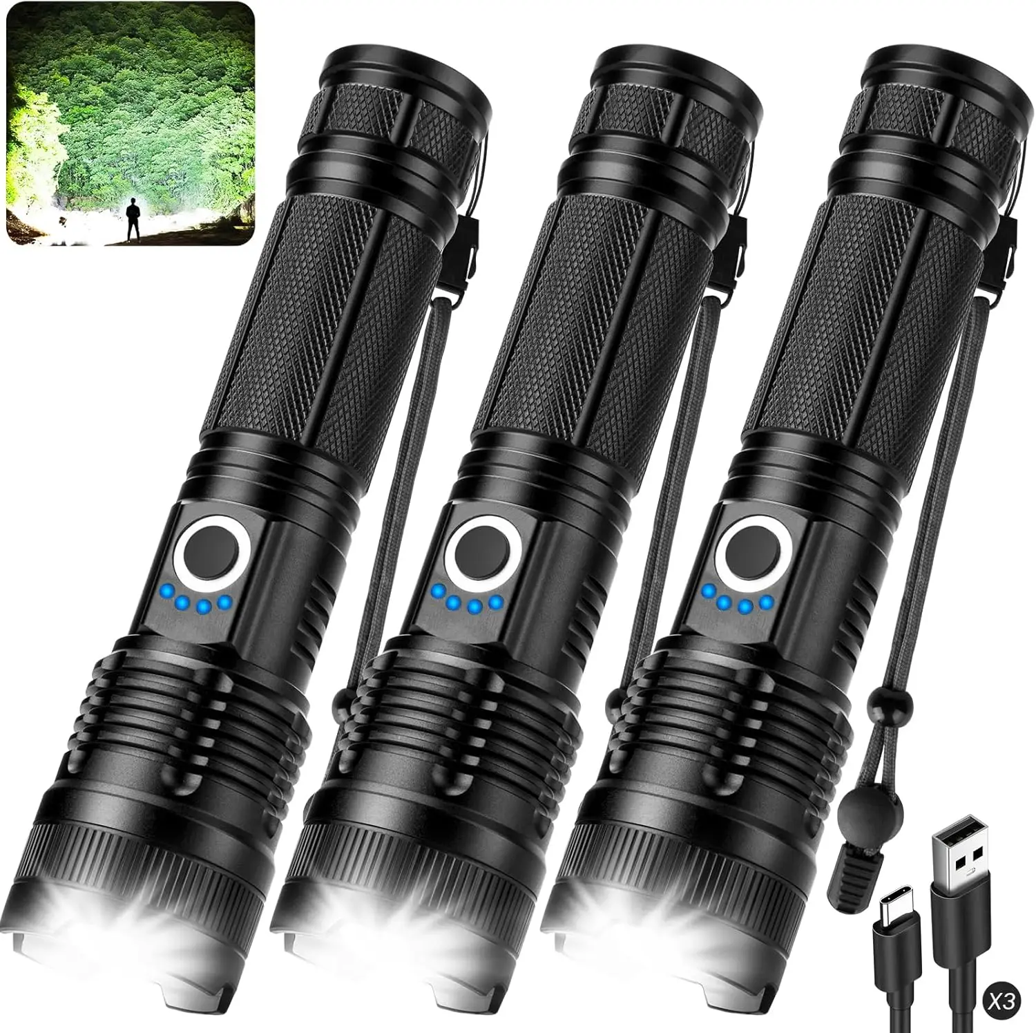 

3-Pack Rechargeable High-Lumen Flashlight 99,000LM LED with 5 Modes, Waterproof for Camping & Emergencies