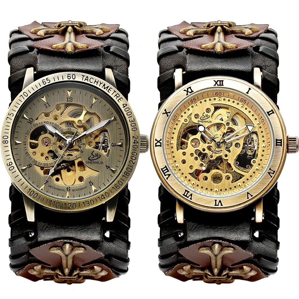 Antique Men Automatic Mechanical Watch Skeleton Dial Vintage Gothic Clock Steampunk Self Winding Watches Brown Rock Reloj Hombre