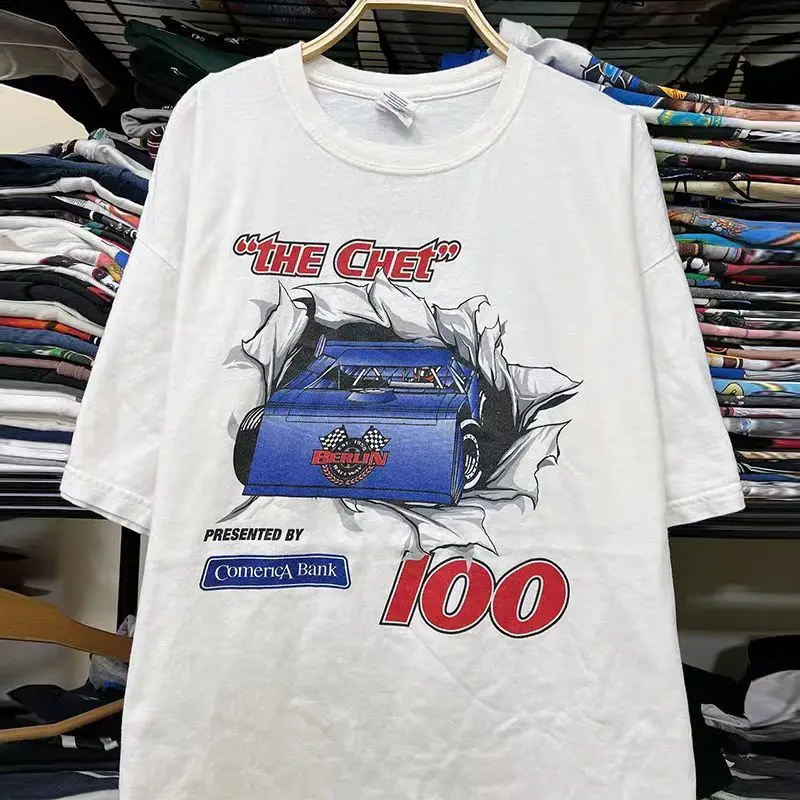 

Tide Brand Short-sleeved T-shirt Locomotive Style American Heavy Pure Cotton Printing Street Men and Women Casual