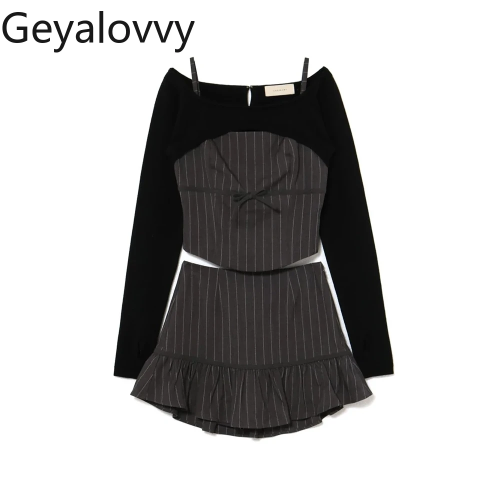 

Тонкая майка в японском стиле в полоску + мини-юбка + вязаный короткий кардиган с длинными рукавами, комплекты из трех предметов для женщин, осень