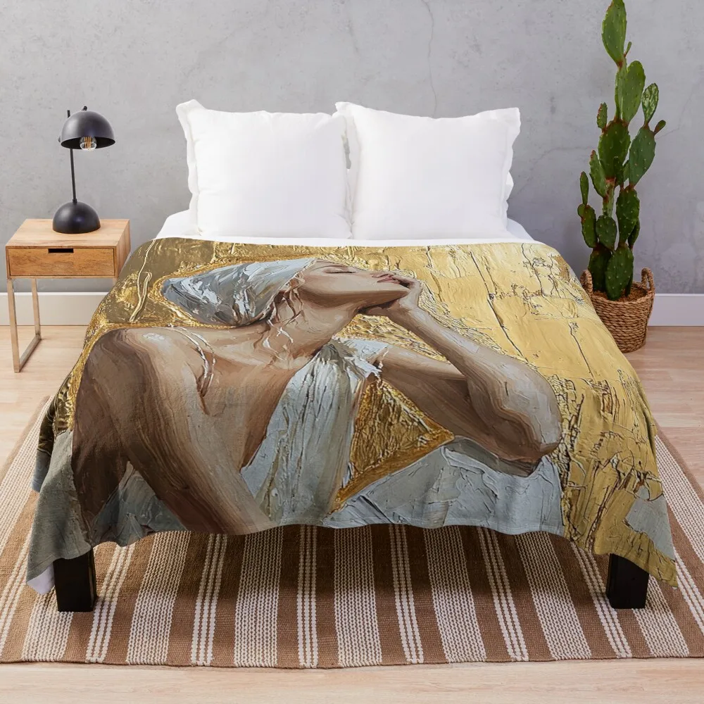 Golden dream - An abstract portrait of girl in deep thought Throw Blanket warm for winter Single Quilt Furrys Blankets