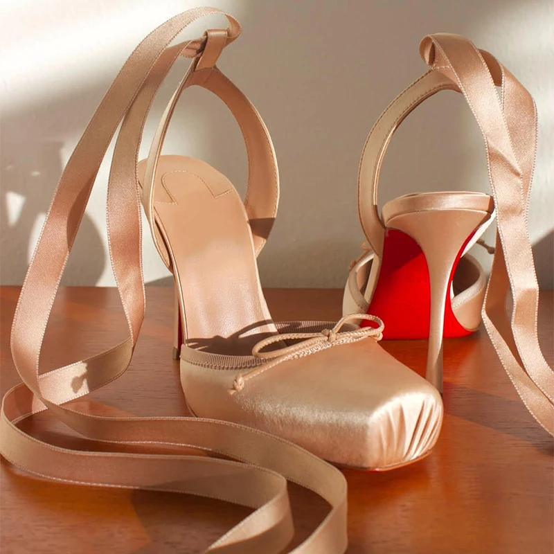 Luxurious Star-Style Ballet-Style Square Toe Single Shoes Silk Ribbon Tied, Sexy Bow Thin-Heeled High Heels Sandals For Women