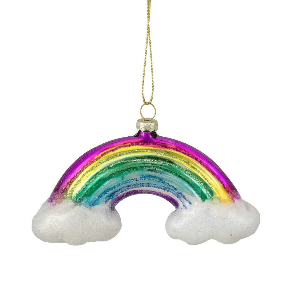 Glass Rainbow Christmas Ornament Decorative Accent with Silver Cloud Ready to Hang Colorful Holiday Tree Home Decor Indoor Use
