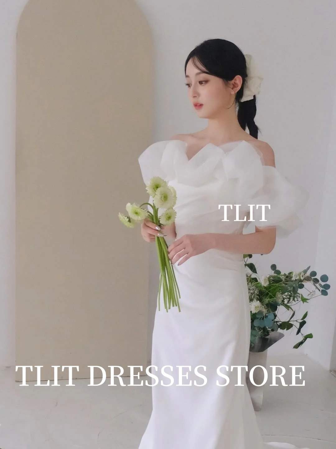 فستان زفاف أنيق من الساتان حورية البحر باللون الأبيض من TLIT ثنيات من الأورجانزا بدون حمالات فساتين حفلات كورية فستان الزفاف صور تبادل لاطلاق النار حسب الطلب #3