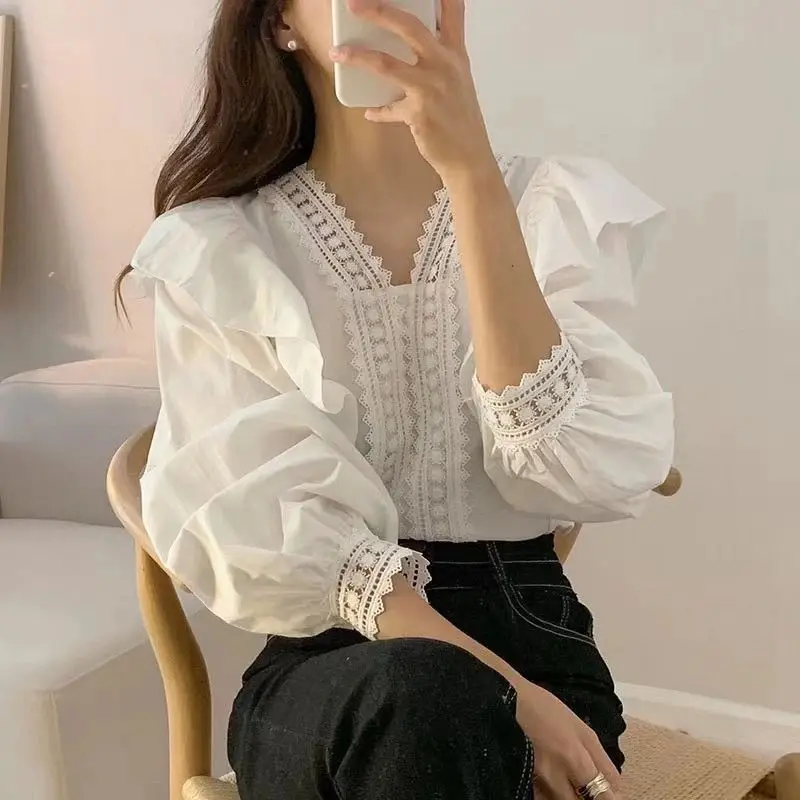 

French Style Lace Splicing Ruffle Edge Shirt for Women Spring Autumn Puffed Sleeves Temperament Tops Fashion Women's Clothing