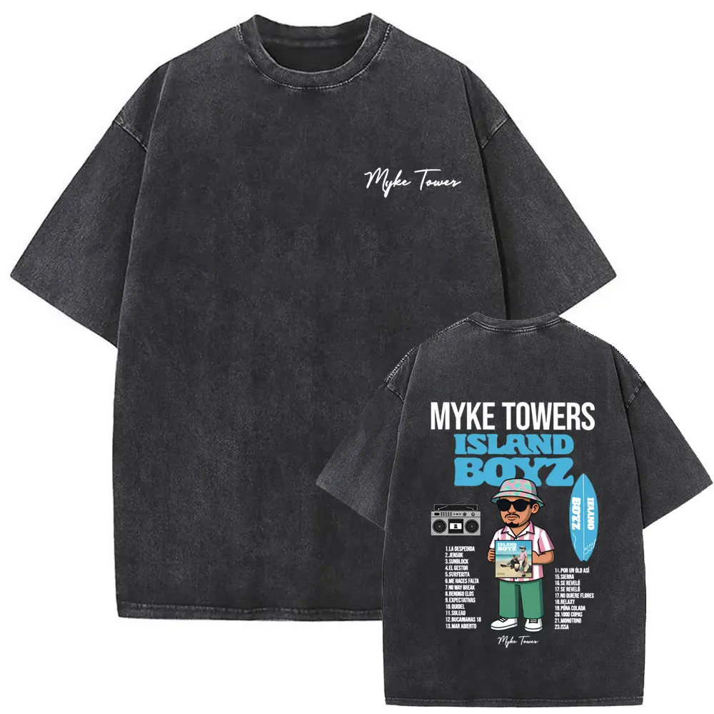 

Washed Vintage Rapper Myke Towers Island Boyz Merch 2026 T-shirt Men Fashion Hip Hop Oversized T Shirts Summer Cotton T-shirts
