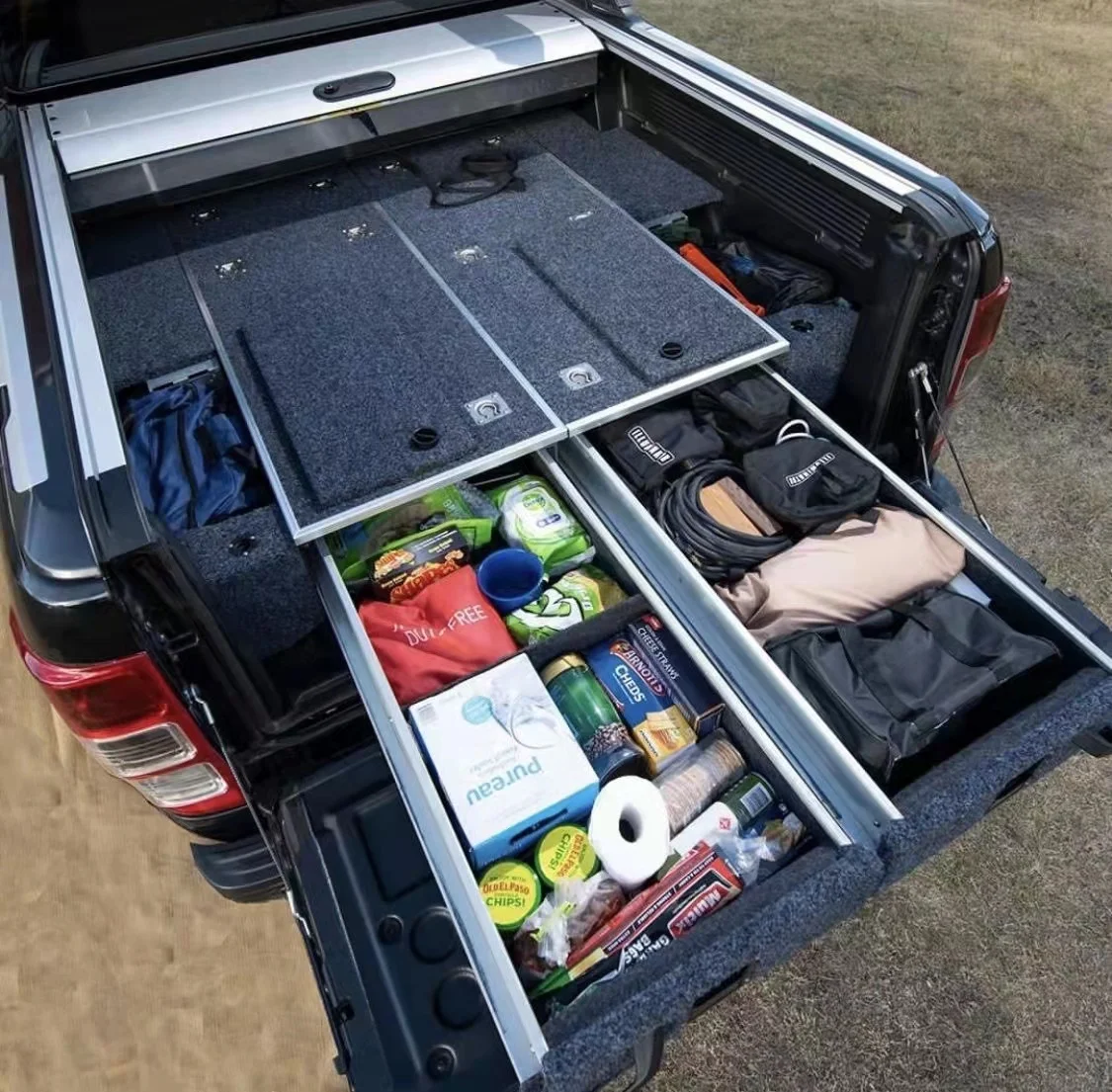

For Ford F150 Raptor TM1380-27 Rear Trunk Overland Car Storage Box with Black Metal Drawer System PICK-UP Left Top Slide Side