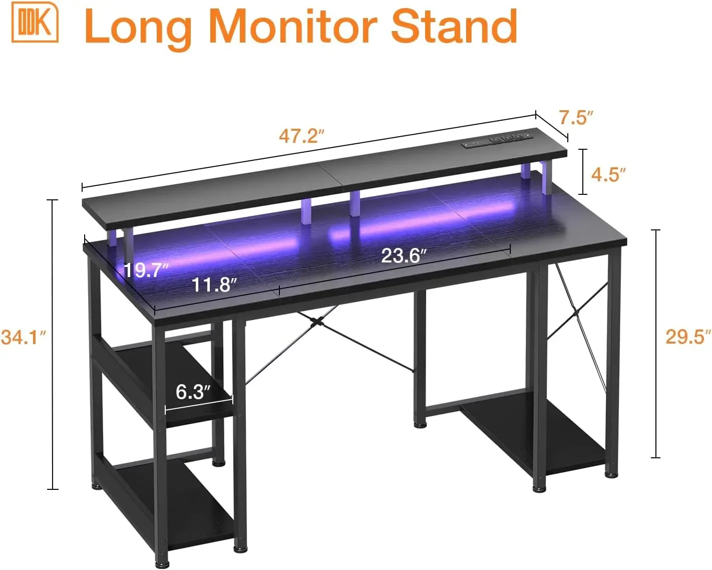 48 inch Gaming Desk with LED Lights & Power Outlets, Computer Desk with Monitor Stand & Storage Sheves