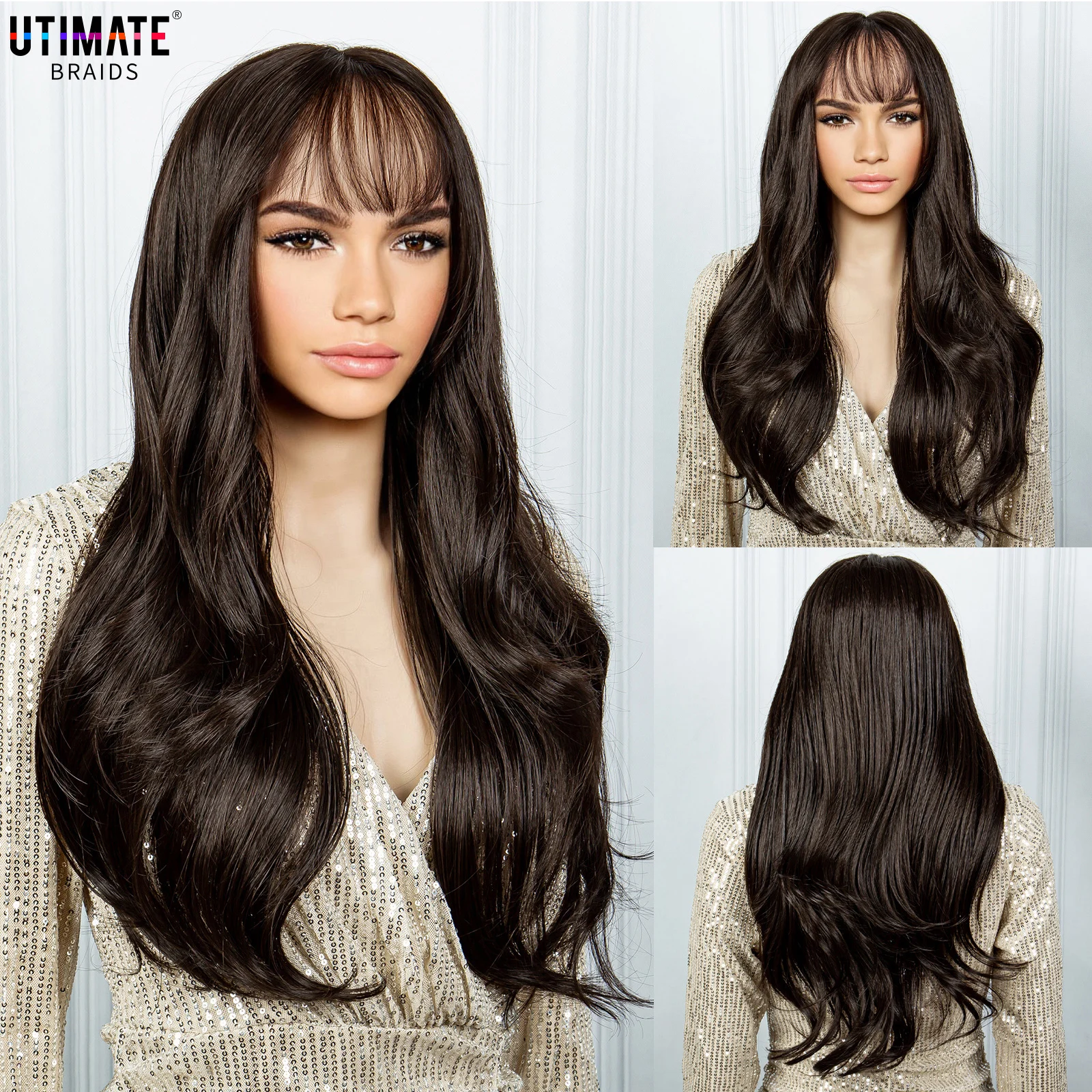 23Inch Natural Wave Synthetic Hair Wigs with Bangs Middle Part Black Wig Lace Front Wig for Women Daily Use Heat Resistance