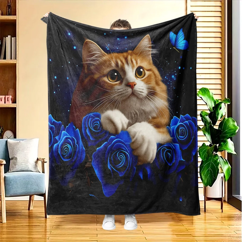 Ginger Cat Blue Rose Butterfly Star Black Base Flannel Throw Blanket Soft Warm Cover For Sofa Bedroom Pet Romantic Decor Gift