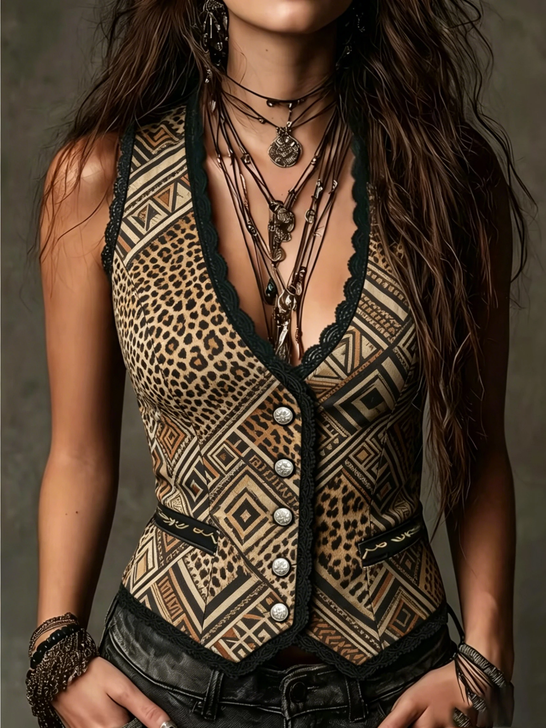 Women Geometric Leopard Print Tank Top for Women Lace Trim V Neck Sleeveless Vest Slim Button Streetwear Top for Daily Wear