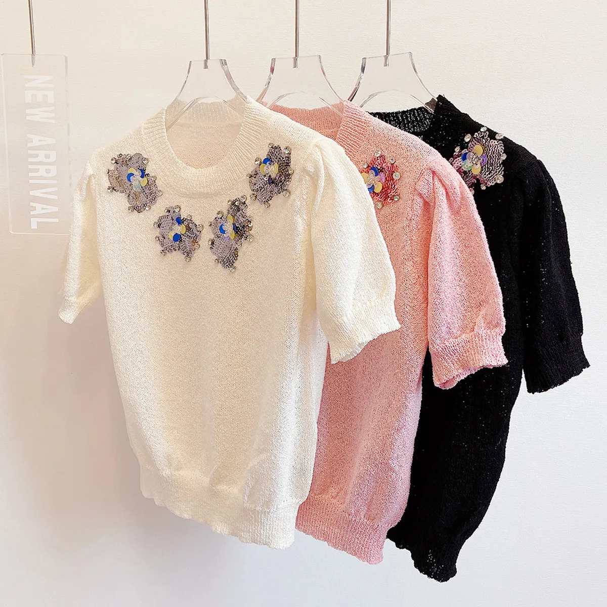 

High-End Version Ice Silk Knitted Sweater Women's Summer Soft Sli Age-Defng Top Beaded Flower Pink Sweet Sle ort Sl...