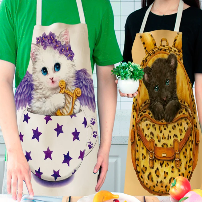 Parent-child Kitchen Apron Cartoon Cat/Panda/Tiger Printed Sleeveless Cotton Linen Aprons for Men Women Home Cleaning Tools