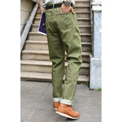 Saucezhan Men Jeans Vulcanization Olive Green 107 Selvedge Denim Jeans Men washed  Slim Fit 14 Oz  Zipper Fly