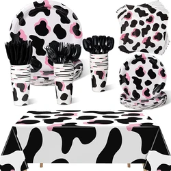 Pink Cow Print Party Tableware Cowgirl Pink Cow Party Plate Cup Napkin Tablecloth Fork for Baby Shower Farm Cow Birthday Decors