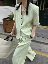 Korean Commute Style Fashion Cotton Linen Suit Women V-neck Single Breasted Short Sleeve Suit Coat Wide Leg Pants Two-Piece Set