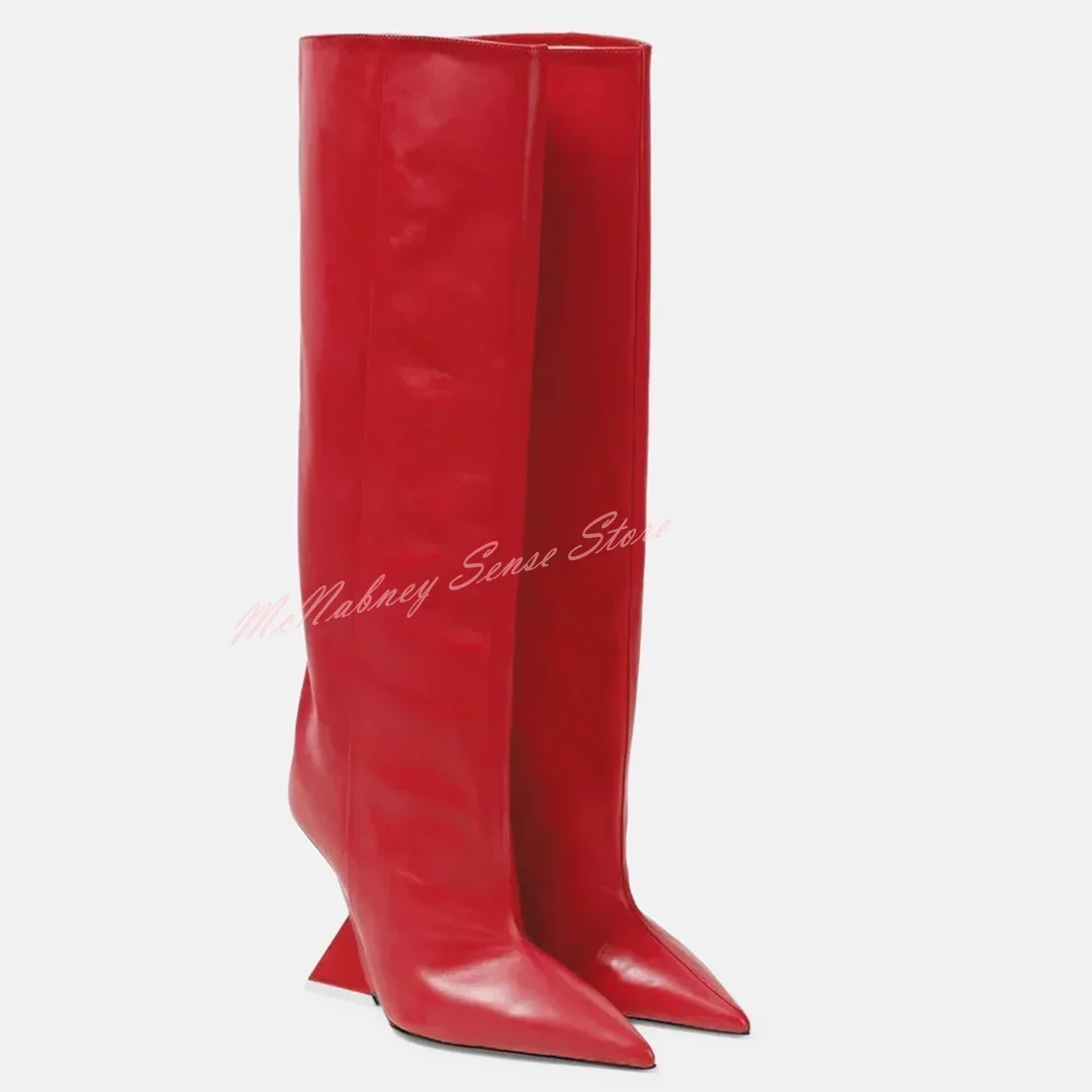 Strange Style Leather Boots Pointy Toe Solid Slip On Knee High Boots New Style Women Shoes Winter Autumn Sexy Runway Fashion