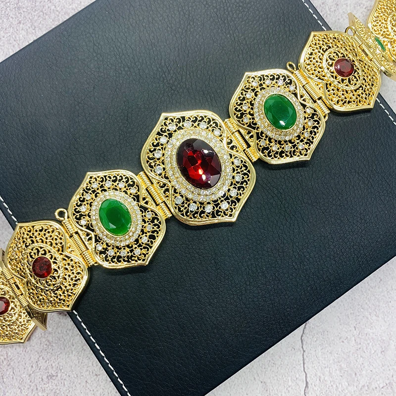 المغربي شيك القفطان الزفاف الذهب اللون حزام Ceinture الملونة حجر الراين الجسم سلسلة فاخرة المرأة الجزائرية مجوهرات قابل للتعديل