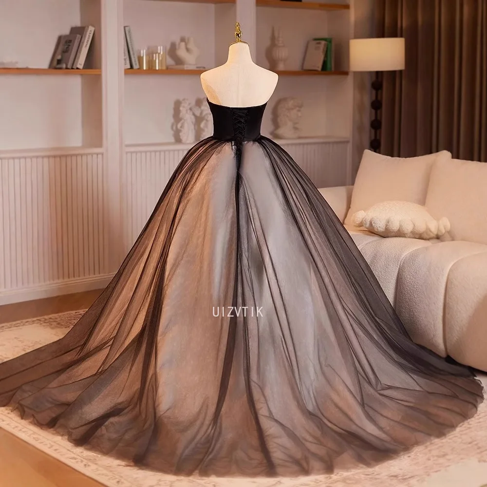 فستان سهرة من الساتان الأسود مخصص للنساء مأدبة أنيقة بدون حمالات على شكل حرف a زهور للحفلات الرسمية فساتين فيستدو دي فييستا