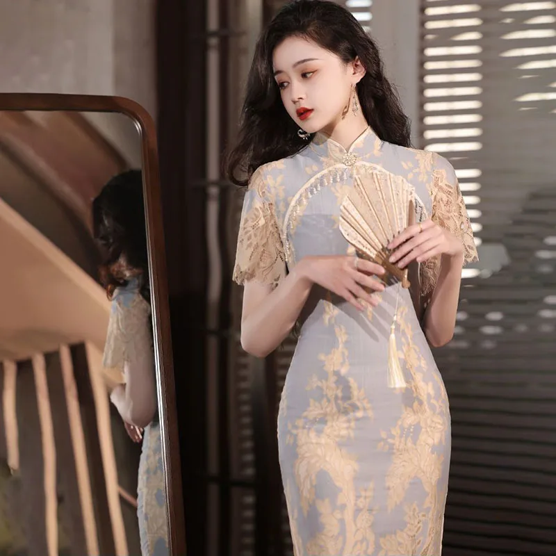 Blue Hollow Lace Cheongsam Dress for Women Slim Medium-Length Chic Printed Modified Cheongsam Spring Summer 2026 New Style