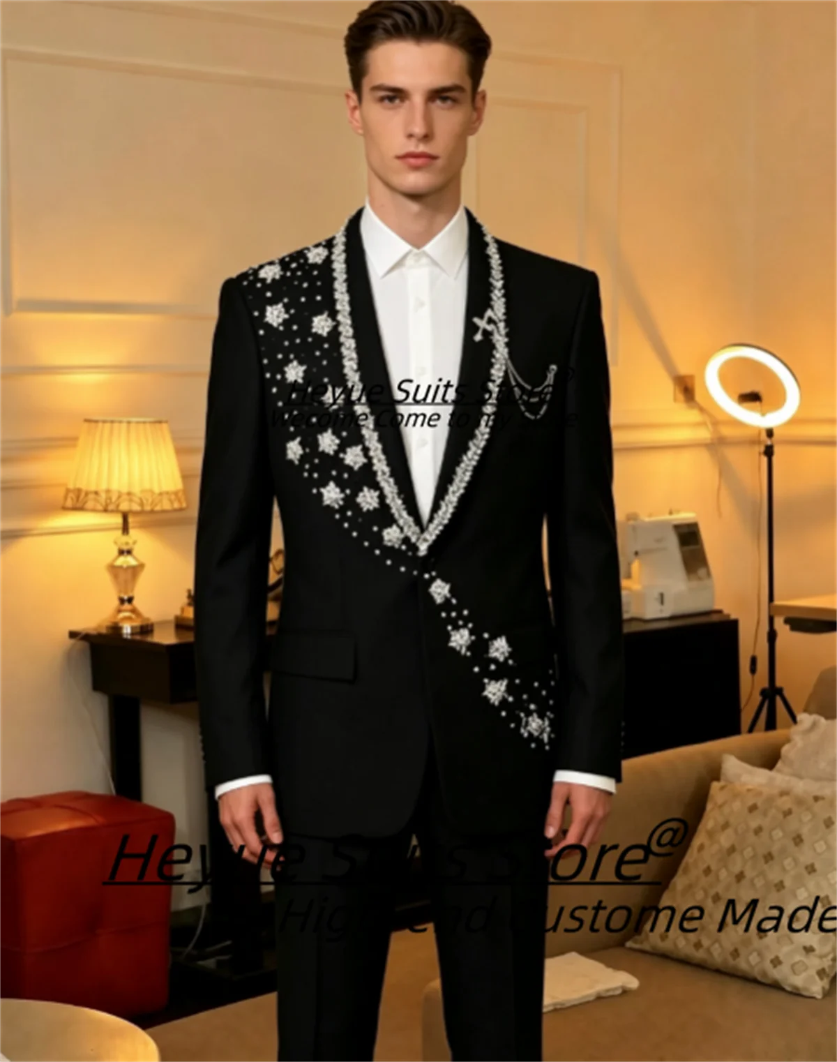 Elegant Black Men Suit High-end Silver Crystal Floral Embroidered Groom Wedding Tuxedo Slim Fit  Shawl Lapel Banquet 2 Pcs Sets