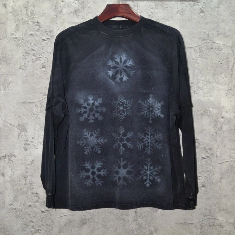 HKSH Spring Autumn New Men Dark Abstract Print Patchwork Fake Two-Piece Long Sleeved Round Neck Washed Retro T-shirt Ins HK18357
