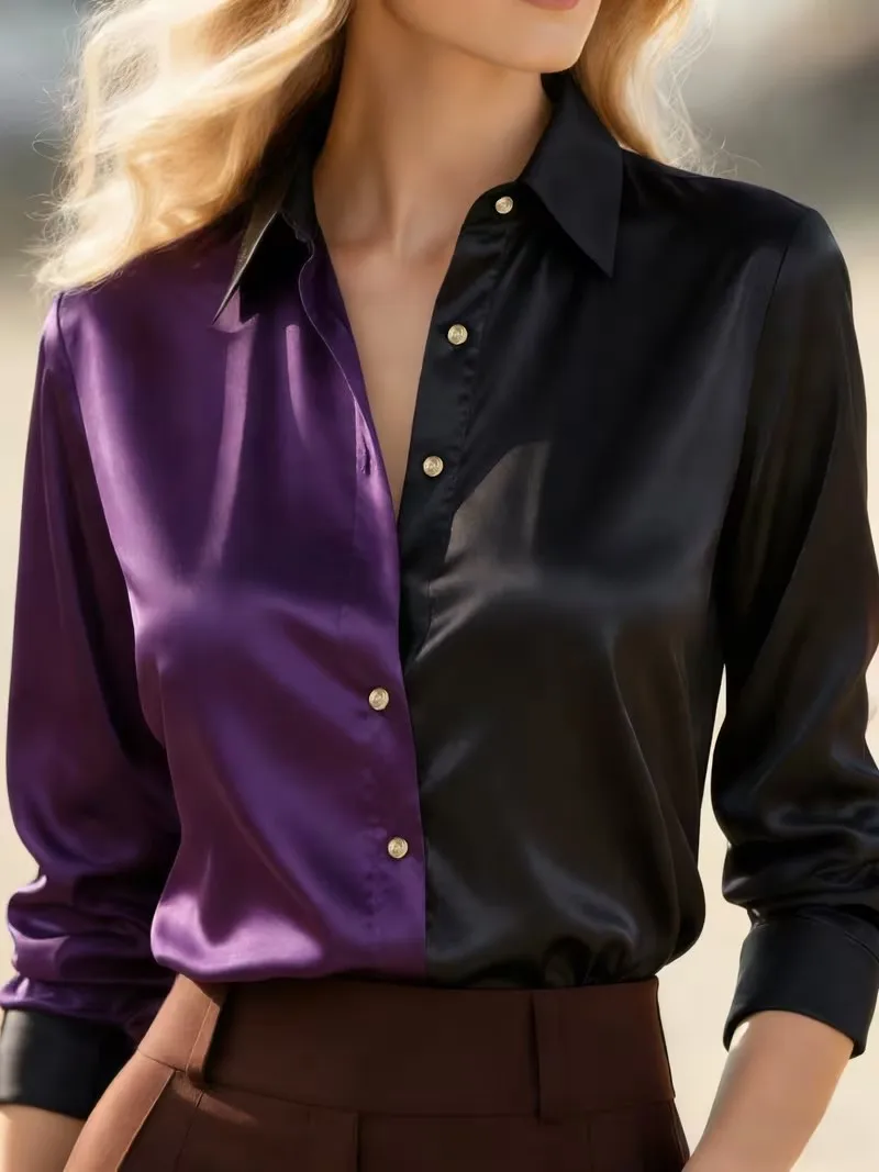 New Black and Pink Half Contrasting Solid Color Satin Long Sleeved Shirt with Smooth Drape Satin Men's Top