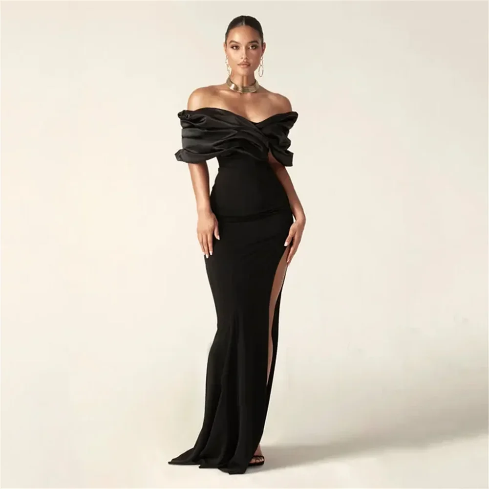 Elegante Zeemeermin Satijn Zwarte Off Shoulder Avondjurk Met Side Split Party Jurken Prom Dress Voor Vrouwen فساتين مناسبة رسمية