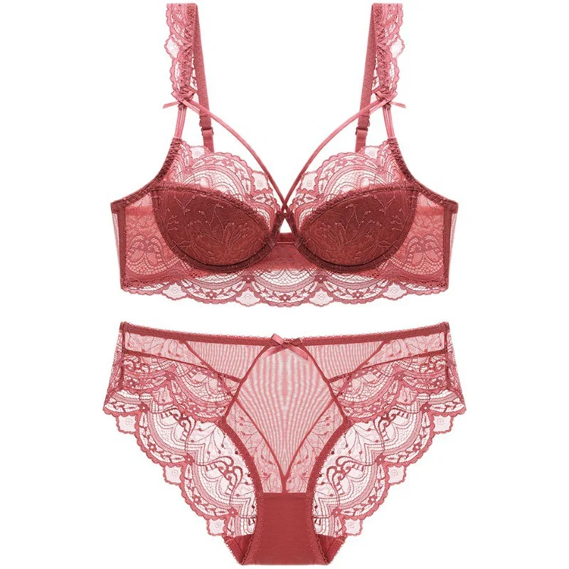 Solid Lace Lingerie Set Women\'s Sexy Thin Style Breast Gathering Underwear Set Summer Female Pure Desire Intimates Everyday