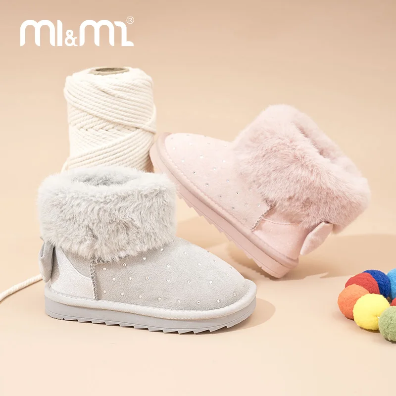 M1&M2 2025 Winter Children Snow Boots Cowhide Genuine Leather Thickened Cotton Plush Suede Fur Warm Casual Retro Footwear