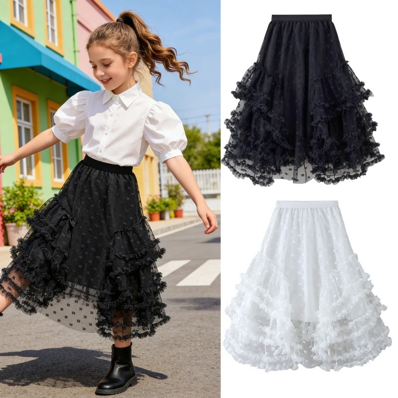 Kids Girls Dotted Tulle Irregular Midi Skort Ruffle Layer Lace Hem Elastic Waist Princess Skirt Holiday Park Daily Casual Wear