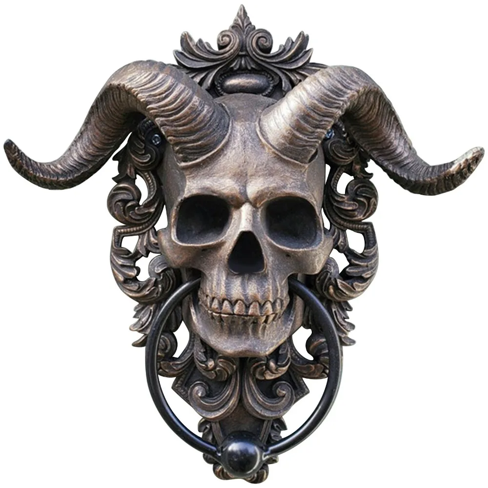 Skull Sheep Head Resin Wall Pendants Punk Retro Skull Doorknocker Decorative Ornaments Skeleton Sheep Head Statue Home Decor